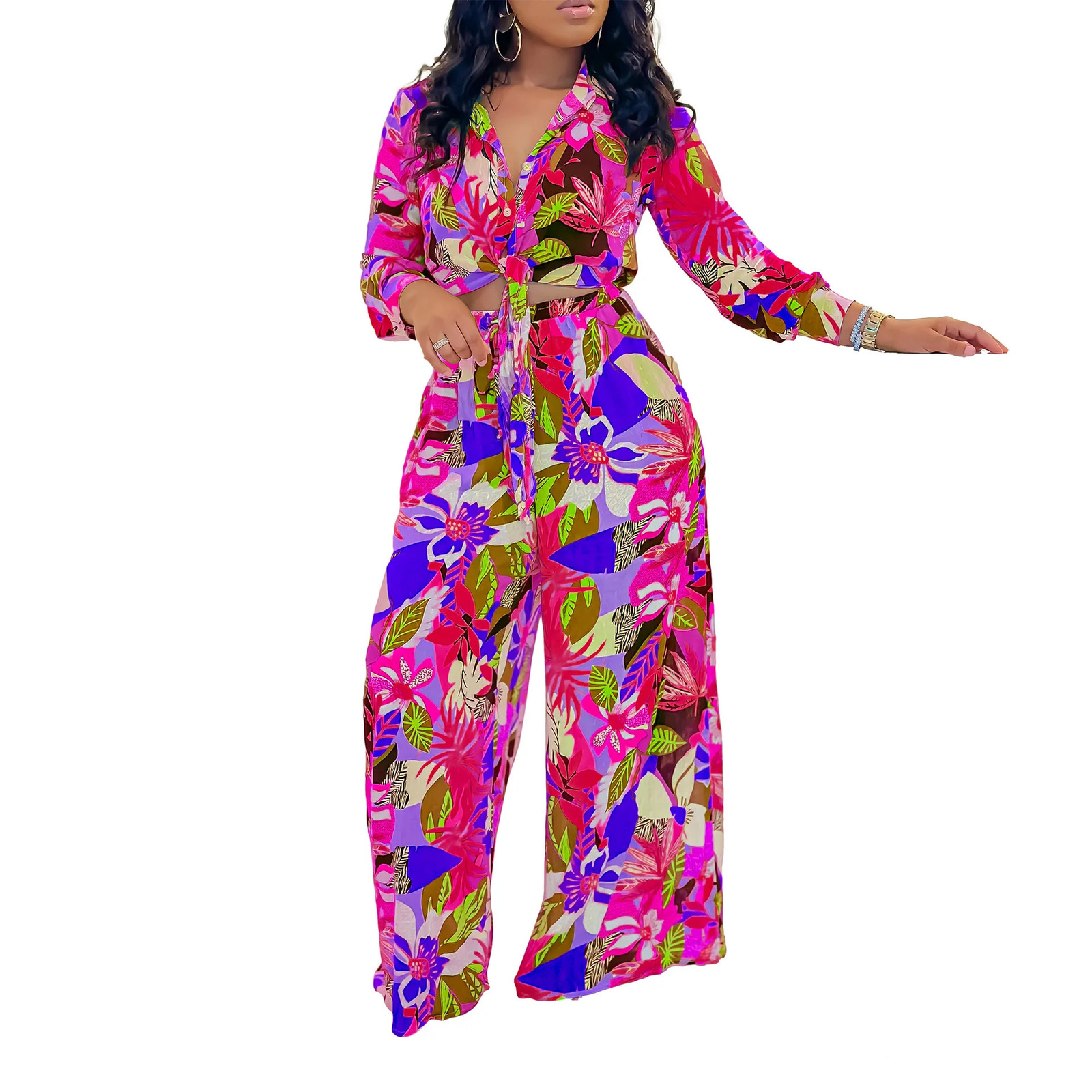 2 Piece Women Sets 2024 Arrival Summer Autumn Matching Sets Flower Print Two Pieces Sets Top Pants Suits Outfits Clothing 240813