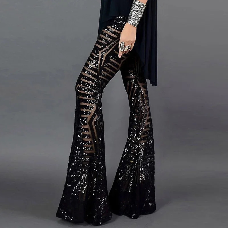Sequin High Waist Skinny Flare Streetwear Wild Basic Slim Trend Patchwork Pants Casual Pants Summer Womens Pants 240808