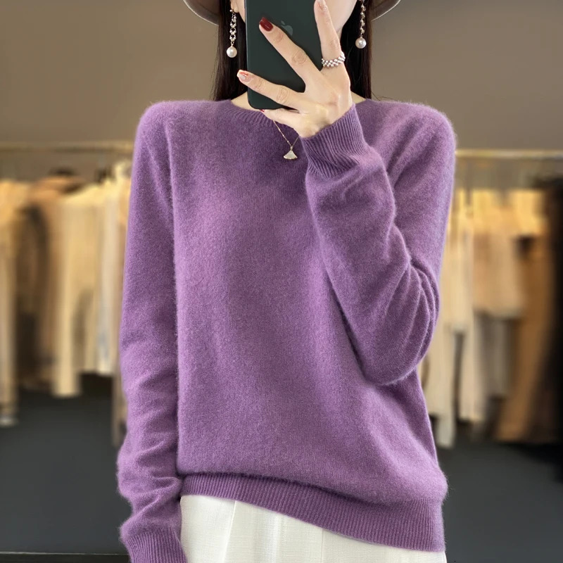 100% Merino Wool Sweater Women O-neck Cashmere Knitwear Female Pullover Autumn Winter Casual Tops Solid Color Soft Clothing 240808
