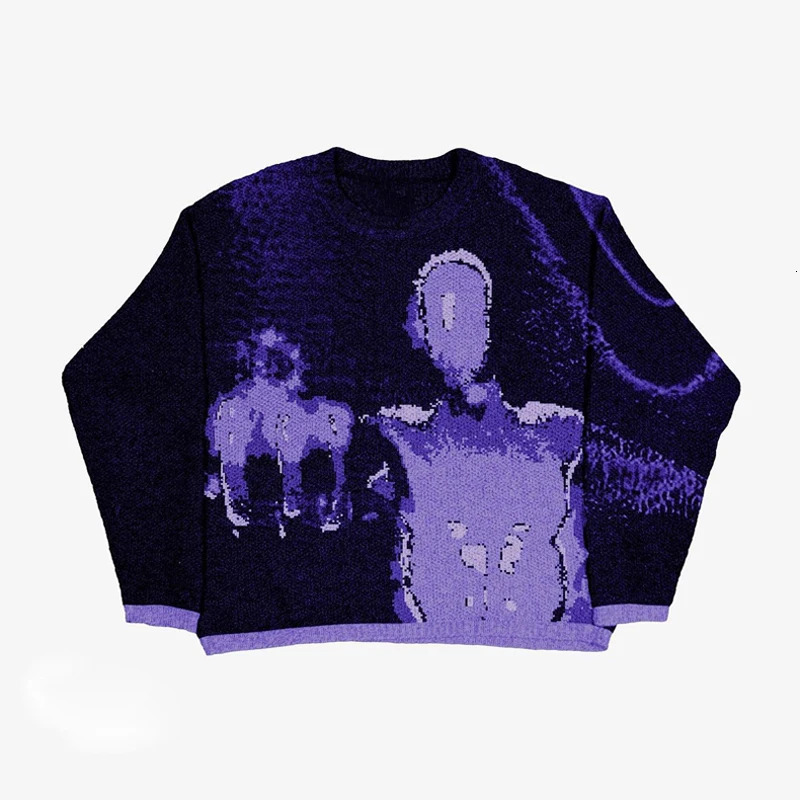 Anime Knit Sweater Hip Hop Rap Retro Vintage Loose Ugly Pullover Y2K Mens Jumpers Knitwears Oversized Women Sweater 240808