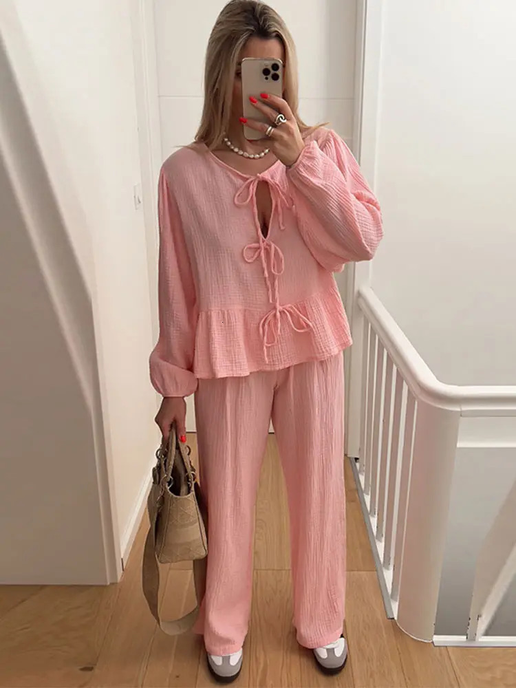 Casual Solid Womens Two-piece Set Lace Up O-neck Long Sleeve Blouse And Straight High Waist Pants Suits Women Spring Office 240813