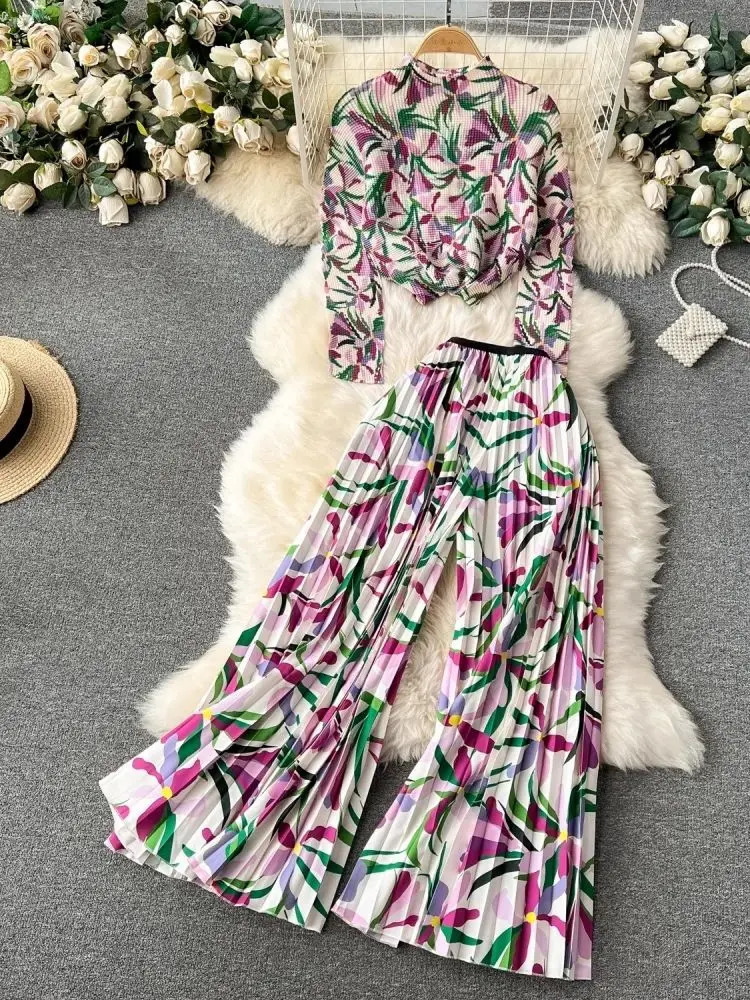 2024 Fashion Miyake Pleated Two Piece Set Gradient Flower Printing High Neck Stretch Top And Wide Leg Pants Trouser Suits 240808