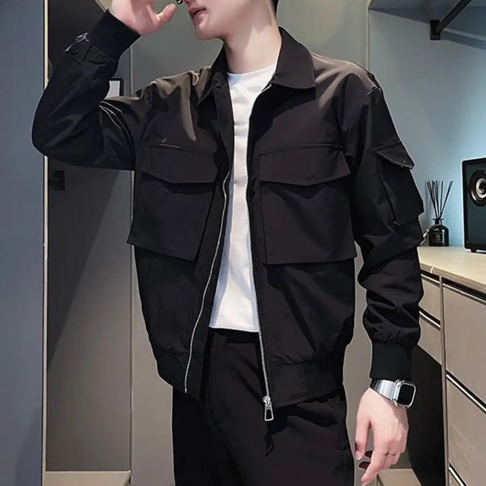 Zipper Jacket Mens Solid Color Closure with Collar Button Multiple Pockets Casual Hip Hop Streetwear Smooth 240819