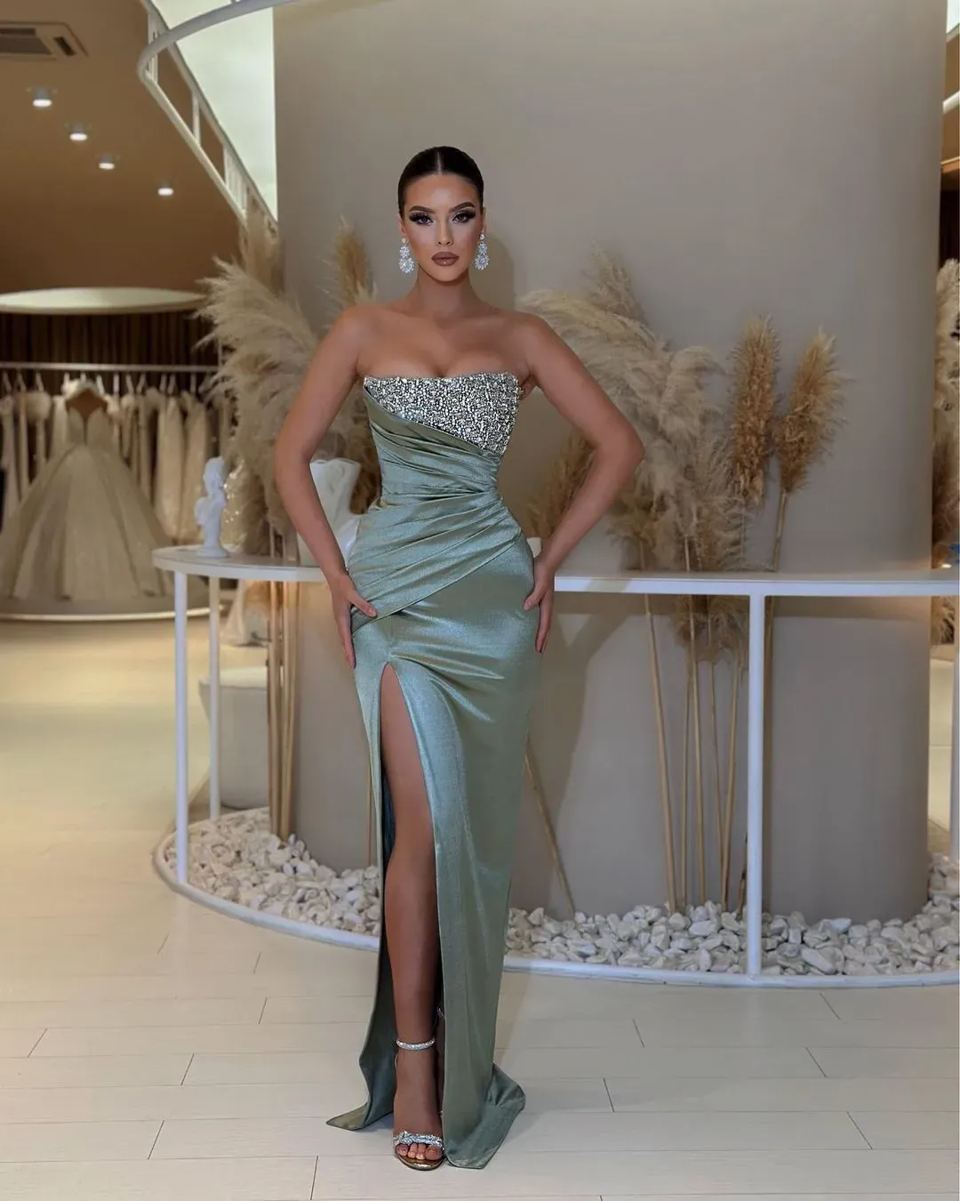 Simple Satin Prom Dress 2024 Sexy Evening Dresses Strapless High Split Backless Robes For Formal Party Sequin Vestidos De Gala