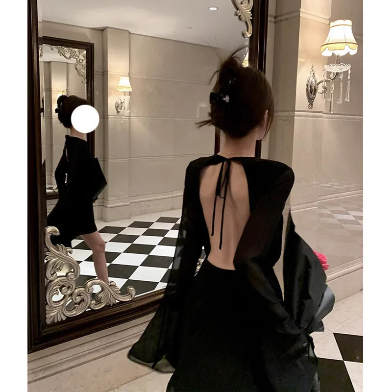 Black Sexy Backless Strap Tight Waist Long Sleeve Slim Dress Summer Fashion 240808