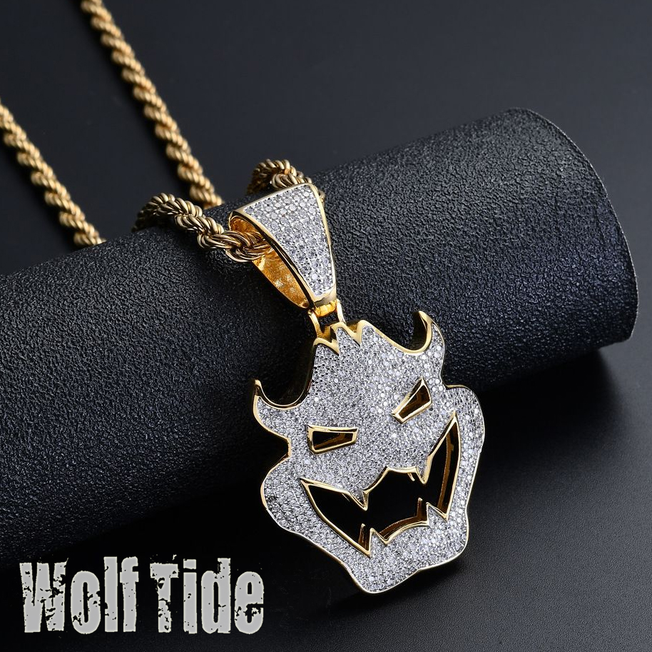 18K Gold Full Cubic Zirconia Halloween Vampire Monster Mask Pendant Necklace with Twist Chain Bling CZ Stone Hip Hop Wolf Tide Jewelry Collar Bijoux G