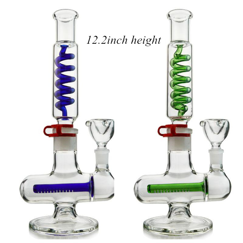 Thick Recycler Glass Hookahs Freezable Coil Condenser Water Pipe Arm Tree Perc Bongs Blue Green Spiral Oil Rig Bubbler Smoking Shisha