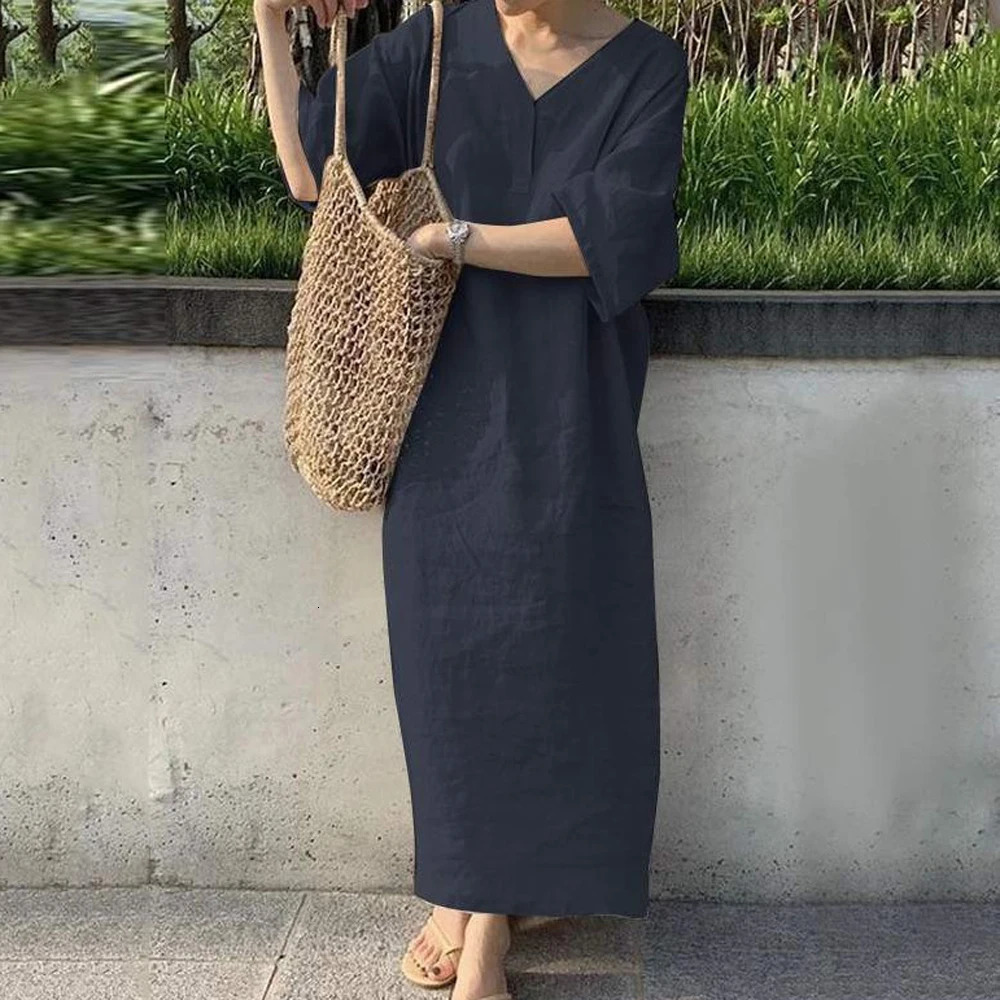 Women V Neck Button Short Sleeve Loose Maxi Dress Summer Female Holiday Beachwear Sand Straight Cotton Linen Party Dress 240808