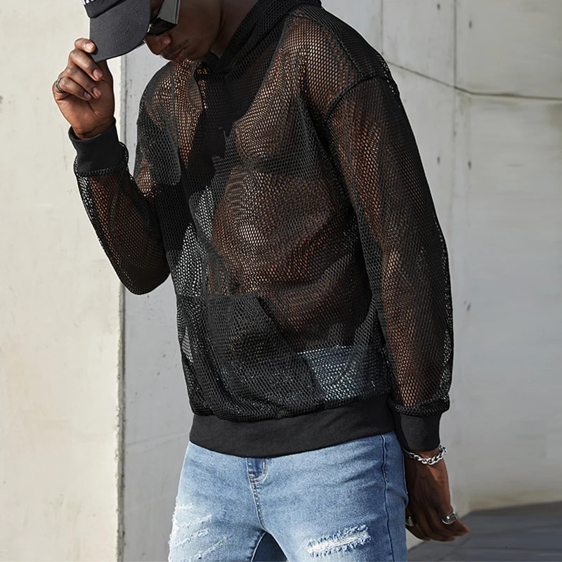 Fashionable mens see through mesh hoodie hollow transparent sexy Tshirt autumn fashion long sleeved zipper 240829