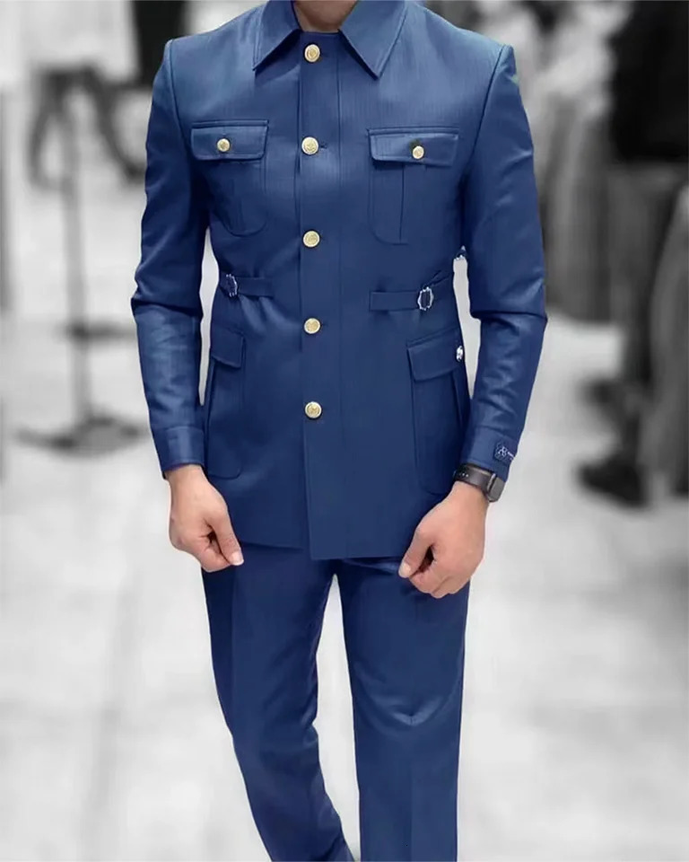 Safari Style Suits For Men Skinny Formal Polo Collar Blazer Pants 2Pcs Set TailorMade Casual Daily Suit Jacket Costume Homme 240807