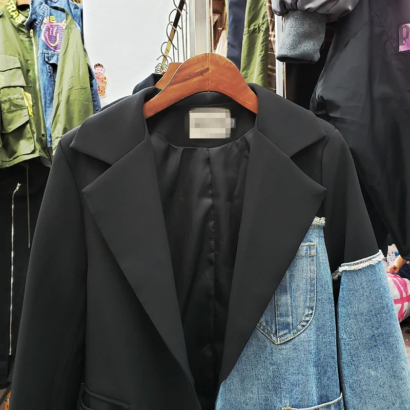 Denim Patchwork Women Blazer Jacket High Quality Single Button Black Suit Jacket Loose Fashion Lady Blazers Coat Autumn 240808