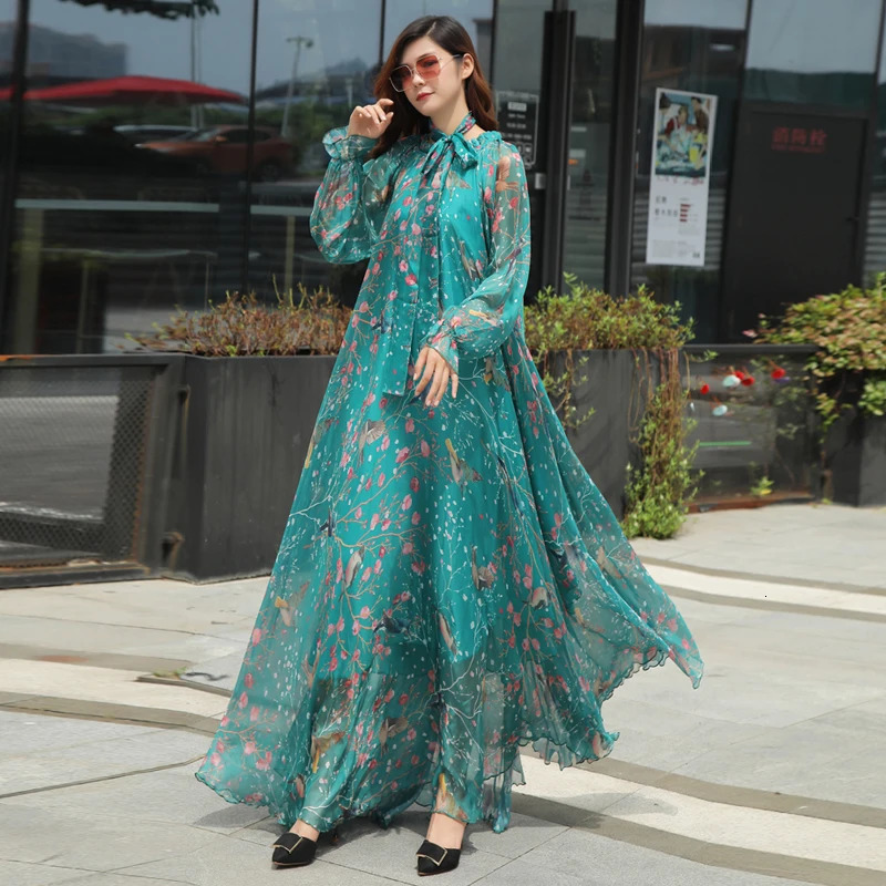 Arrives Chiffon Long Sleeve Floral Print Dress Boho Plus Size Women Beach Party Garden Maxi Dress Elegant Vestidos Robe 240808