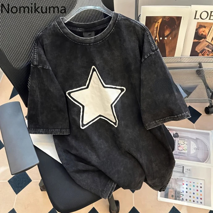 Retro T-shirt Womens Clothing Star Printed Short Sleeve O-neck T-shirt Oversized Top Y2k T-shirt Casual Fashion Harajuku T-shirt240807