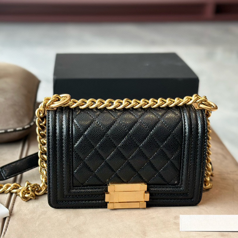 Vintage Woman Designer Mini Boy Flap Bag Caviar Leather Gold/Silver Lock Hardware Metal Chain Adjustable Shoulder Strap Classic Tote Crossbody Handbag Sacoche 20cm
