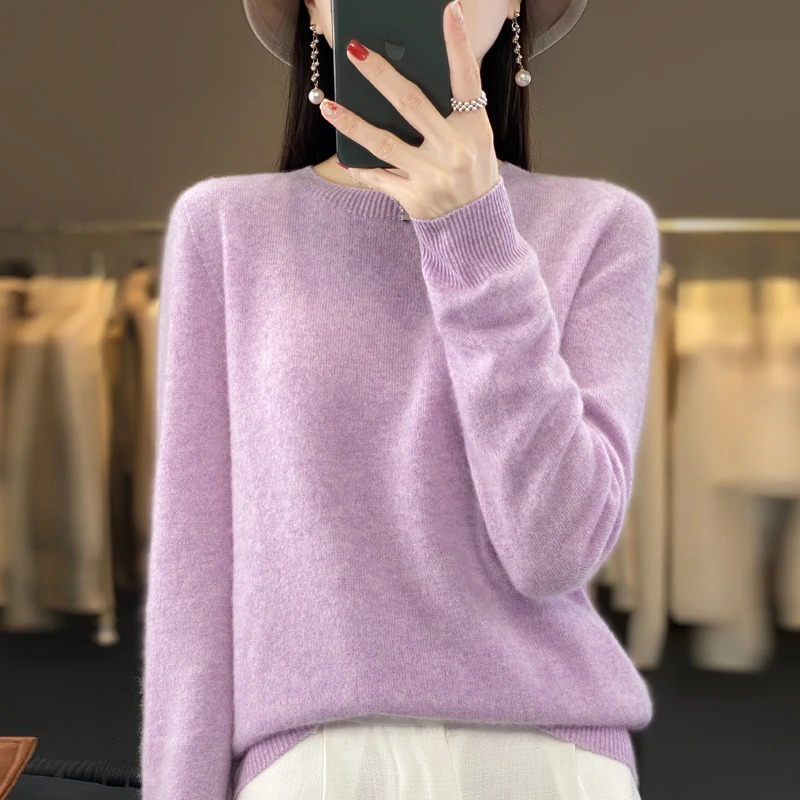 100% Merino Wool Sweater Women O-neck Cashmere Knitwear Female Pullover Autumn Winter Casual Tops Solid Color Soft Clothing 240808