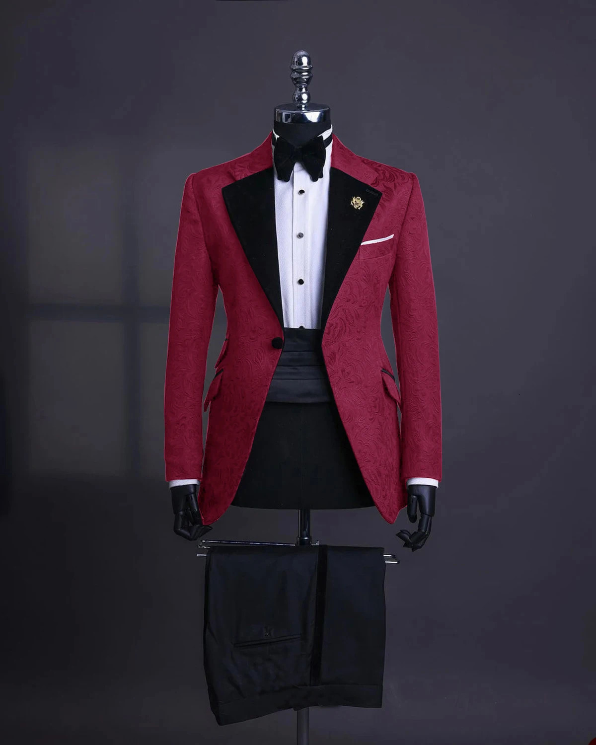 Burgundy Floral Jacquard Prom Party Men Suit For Wedding 2 Piece Slim Fit Groom Tuxedo Male Fashion Costume Jacket Pants 240807
