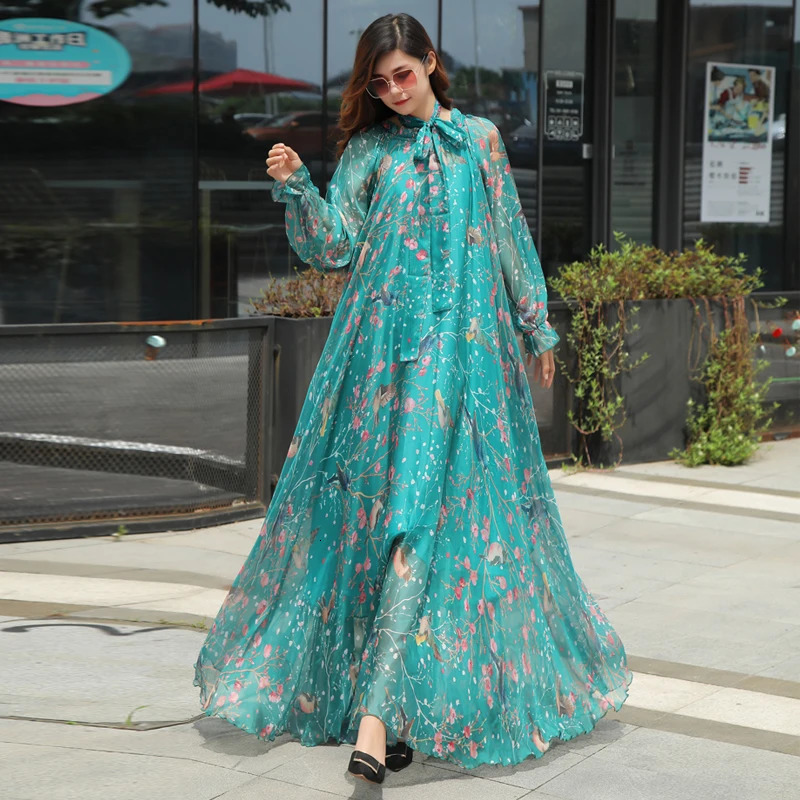 Arrives Chiffon Long Sleeve Floral Print Dress Boho Plus Size Women Beach Party Garden Maxi Dress Elegant Vestidos Robe 240808