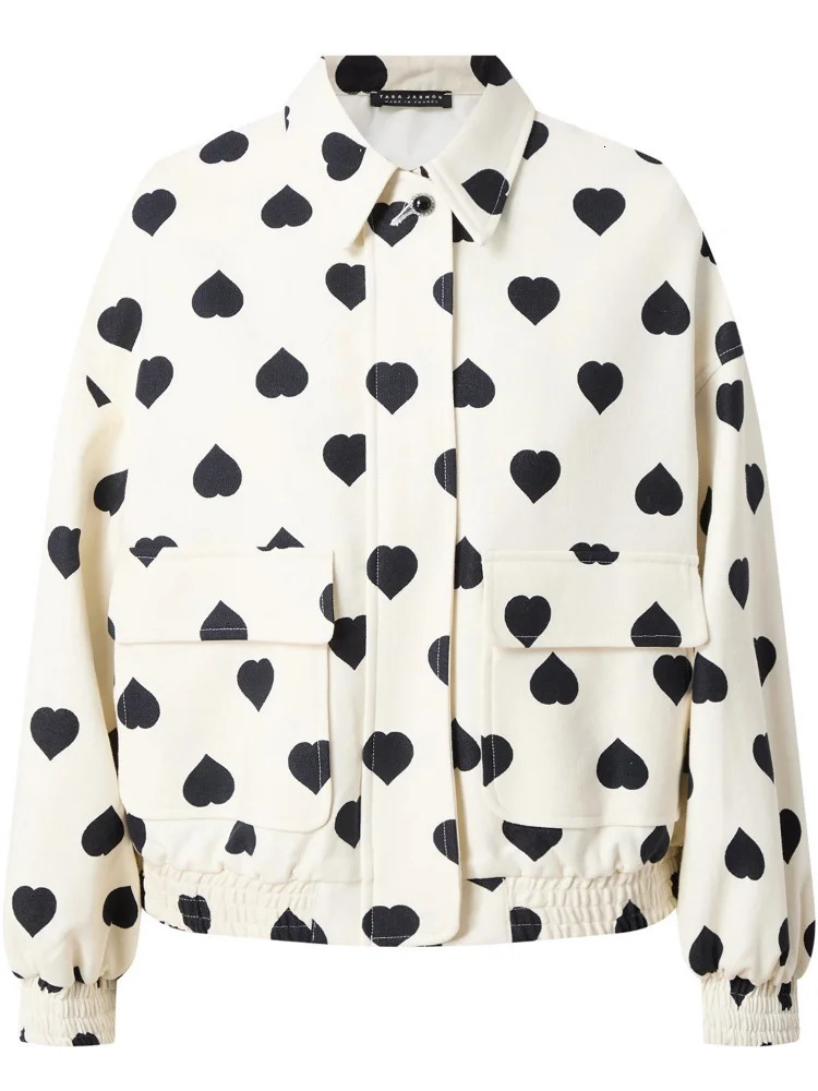 Black polka heartshaped bomber jacket autumn and winter casual lapel pocket long sleeved streetwear fashionable womens baseball 240807