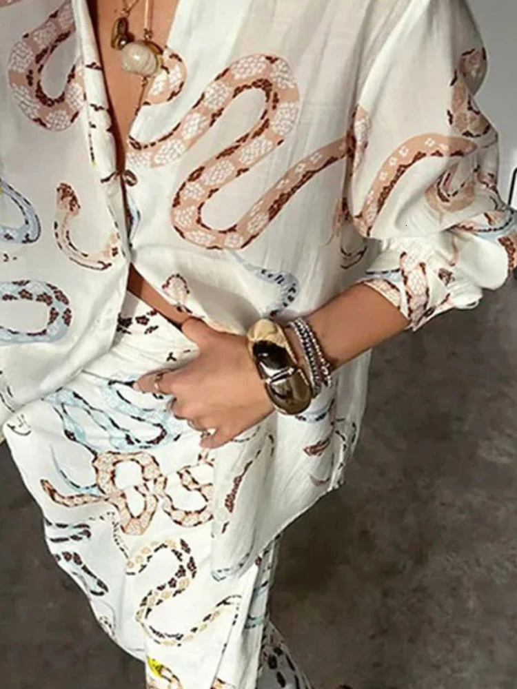 Print Shirt Skirt for Women Long Sleeved Dress Slit Skirt Womens Single Breasted Beach Two Piece Skirt Sets Womens Outifits 240808