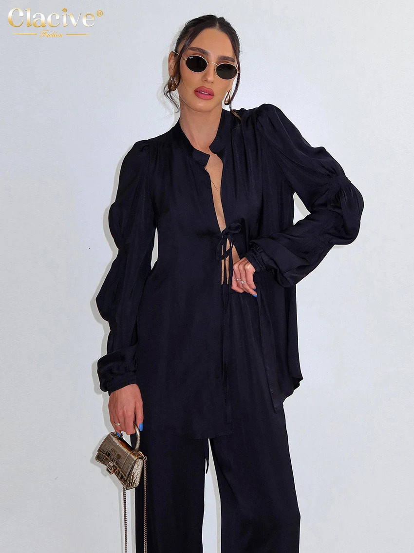 Clacive Sexy Loose White Womens 2 Piece Outfit Set 2024 Fashion Long Sleeve Lace-Up Shirt With High Waist Wide Pants Set Female 240813