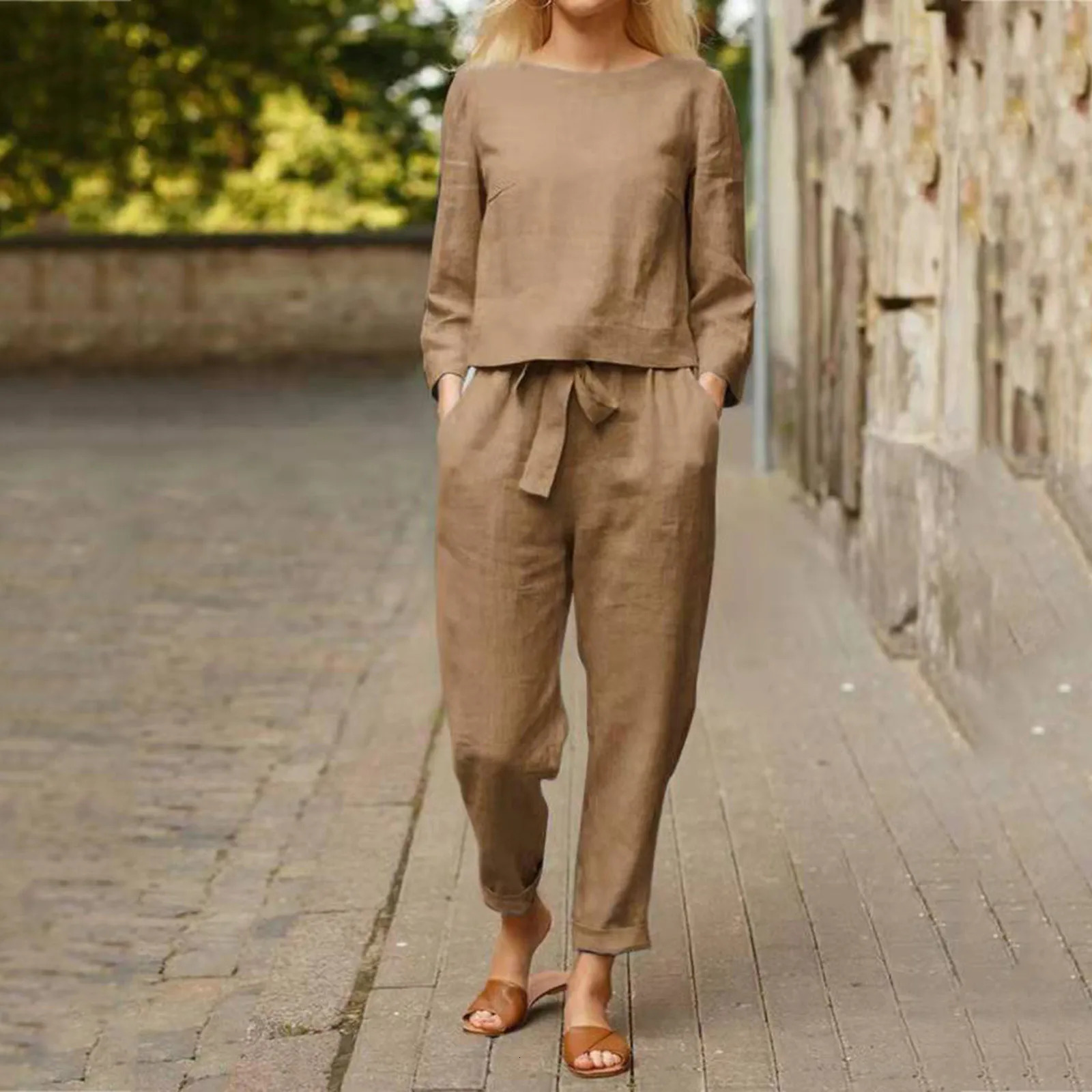 Womens Comfortable Loose Cotton Linen Suit Casual Vintage Solid Color Top And Drawstring Wide Leg Long Pants Two Piece Set 240813