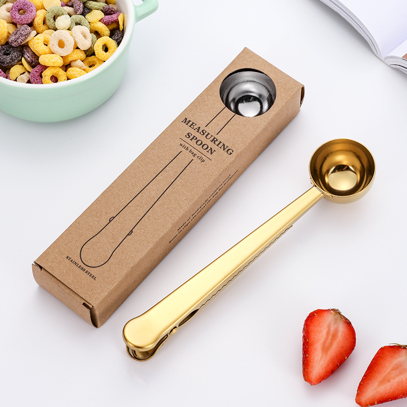 Stainless Steel Coffee Spoon Scoop Multi function Bag Sealing Clip Milk Powder Liquid Seasoning Measuring Long Handle Coffeeware Durable Keep Fresh FY