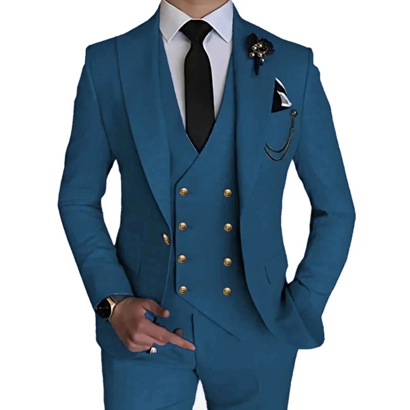 Fashionable mens casual boutique single button slim fit dress wedding set 3piece Pioneer jacket vest pants Trouser 240807