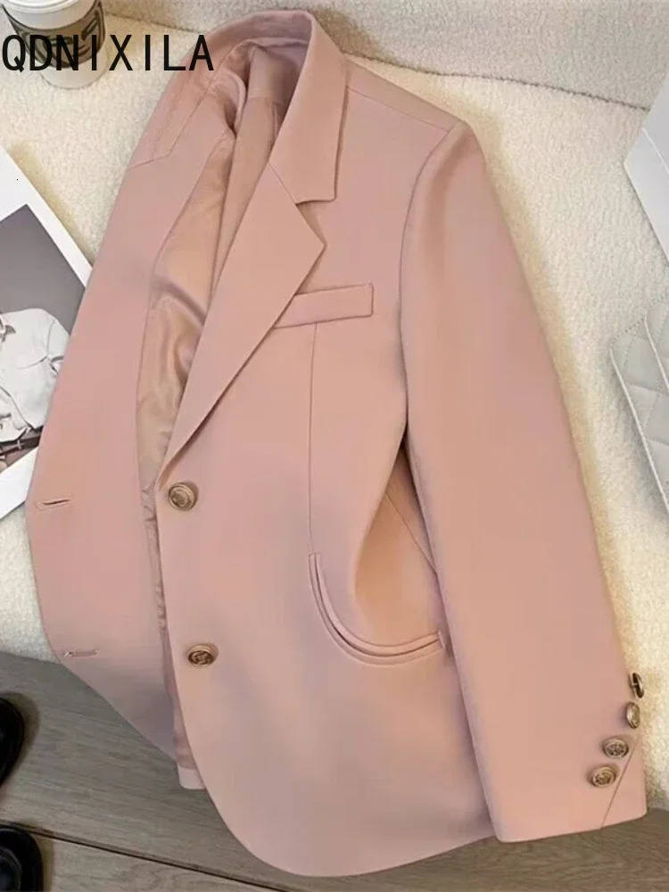 Green Blazer Woman Spring Autumn Vintage Long Sleeve Pockets Female Outerwear Fashion Single Breasted Office Wear Blazer Coat 240808