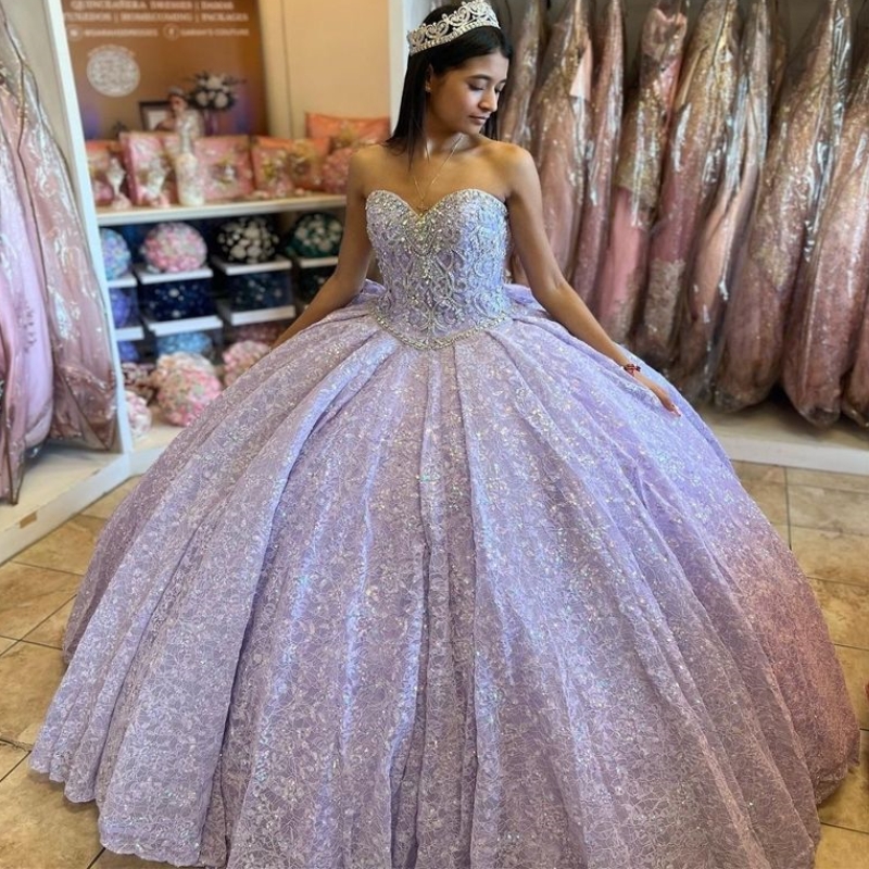 Lavender Sparkly Sweetheart Quinceanera Dresses Ball Gown Off The Shoulder Beads Crystal Appliques Bow Sweet Vestidos De 15 Girls