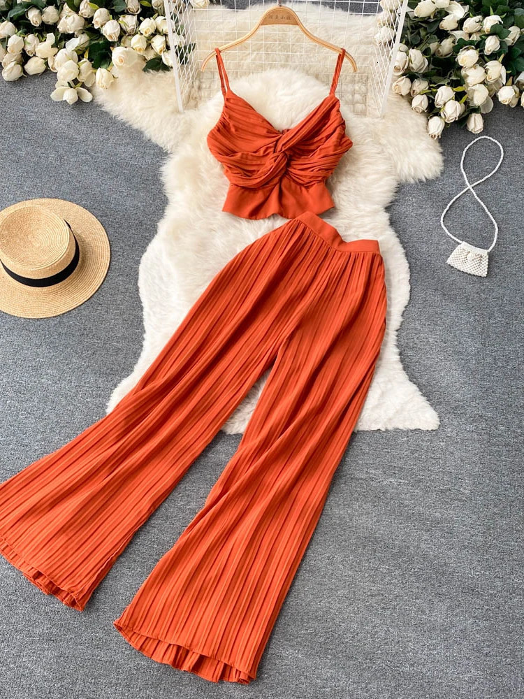 Summer Women Solid Sexy Holiday Pants Suit Female Spaghetti Strap Tops High Waist Long Pants Two Piece Set 240813