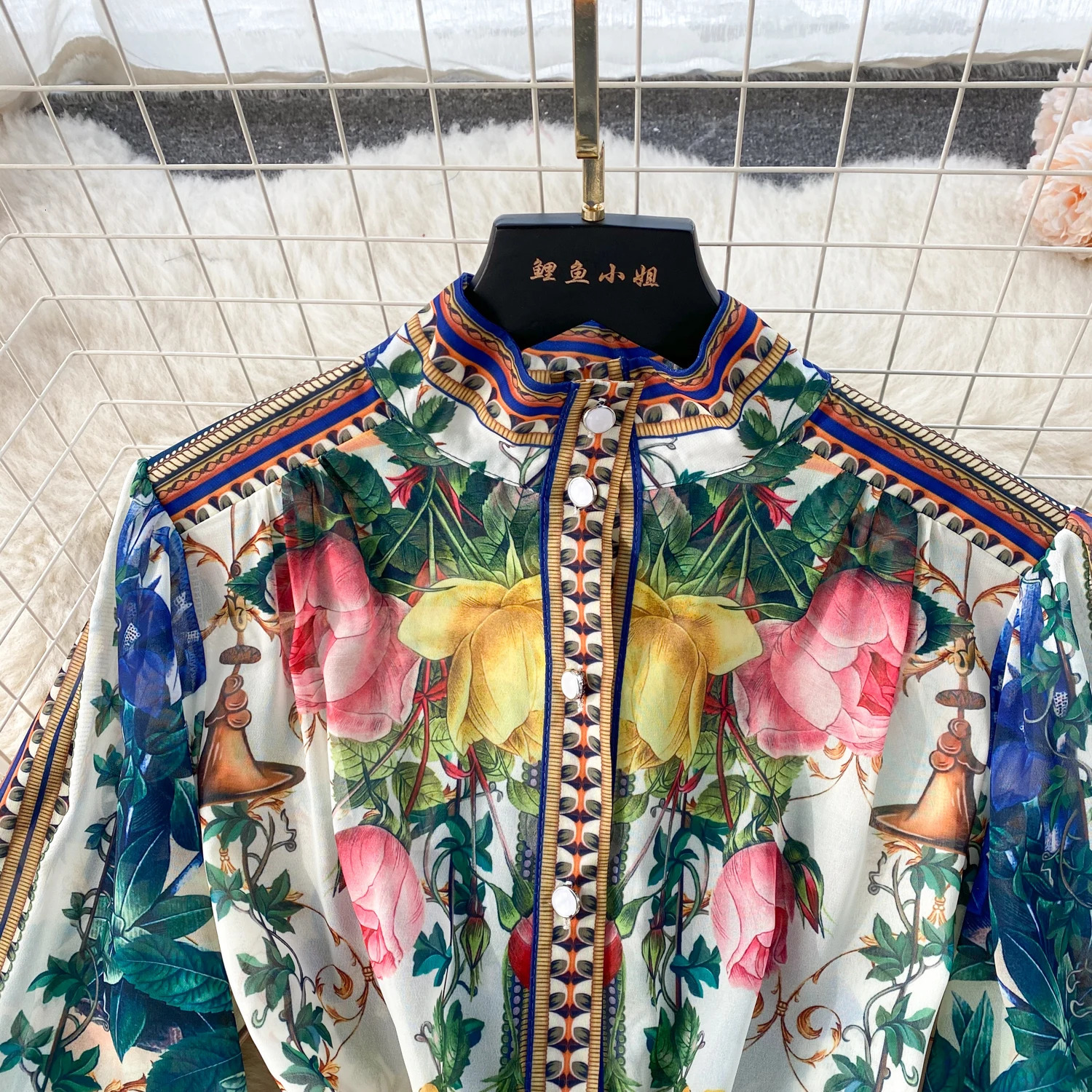Spring Summer Holiday Gorgeous Flower Chiffon Dresses Womens Stand Long Lantern Sleeve Belt Floral Print Loose Robe Vestidos 240808