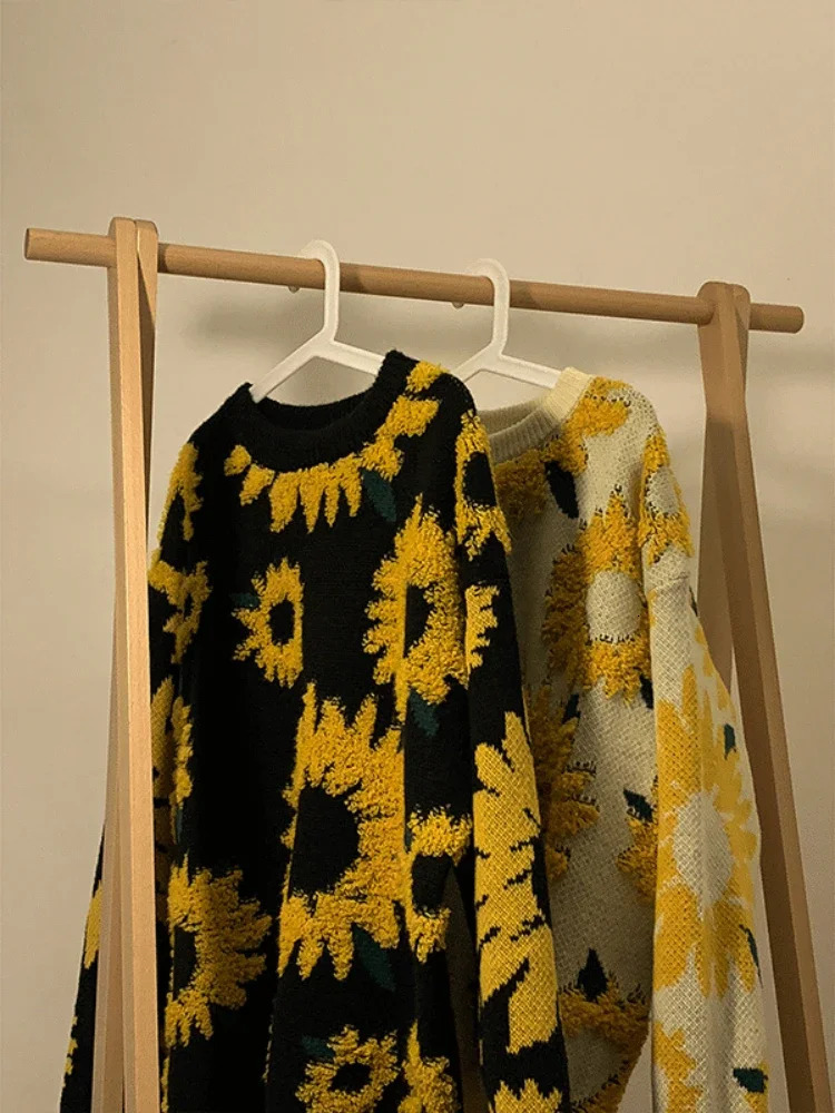 Flocking Floral Sweaters Men Baggy Spring Autumn Japanese Style Retro High Street Harajuku Knitwear Slouchy Ins 240816