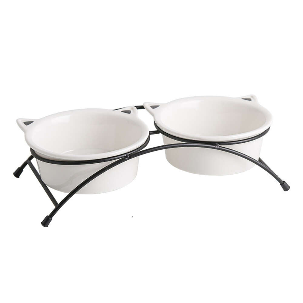 Cartoon ceramic Iron Stand Double Dog Dual Purpose Food Bowl Cervical Protection Pet water Heightening Cat bowl Household