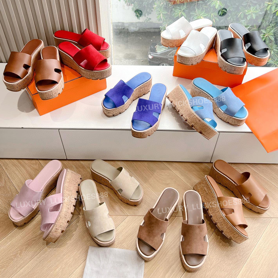 Top quality Suede Platform heel slippers Wedge sandals slippers open toes slides Luxury designer heels slippers for womens Yellow blue red Pink black Vacation shoes