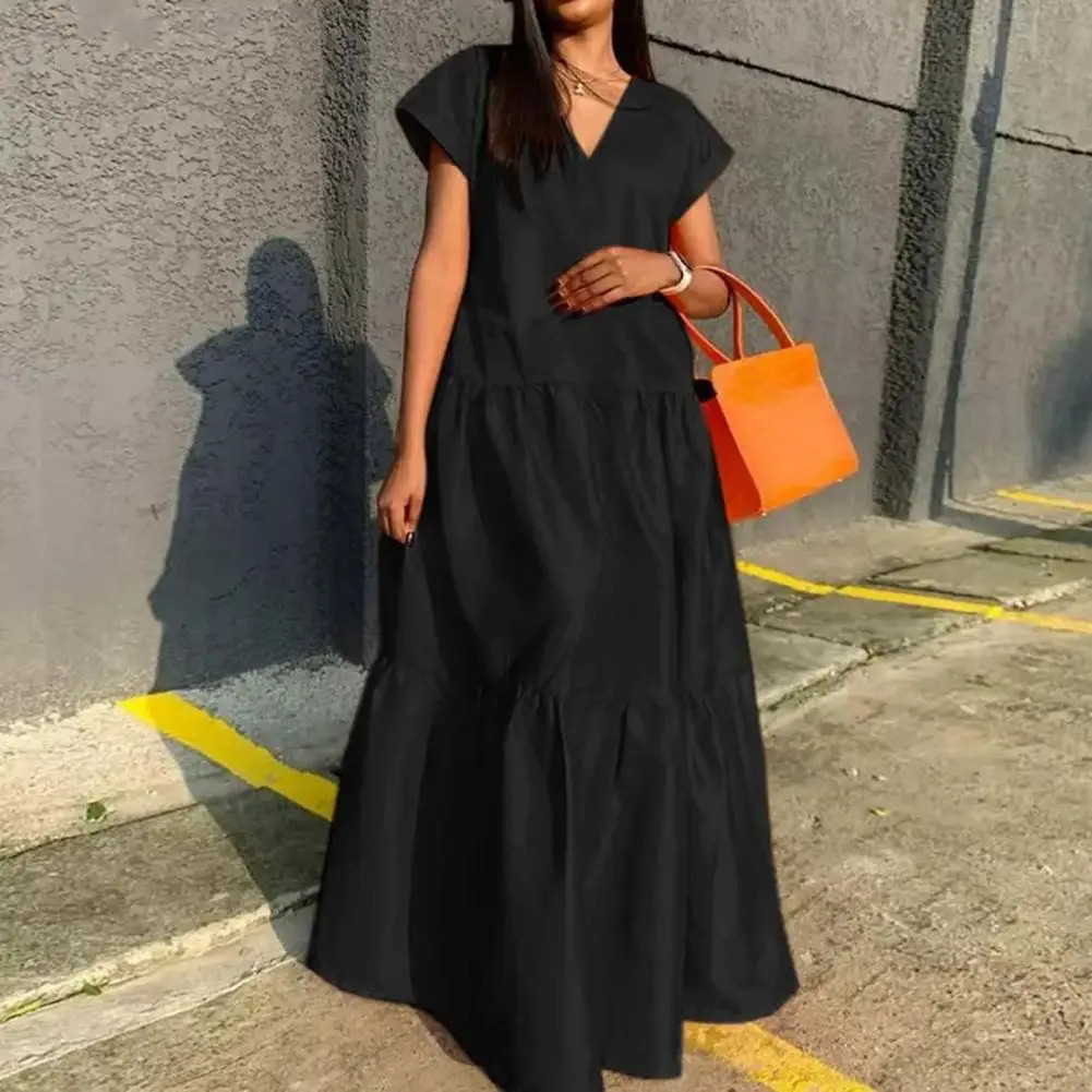 Loose Hem Women Maxi Dress V-neck Short Sleeves Summer Beach Dress Plus Size Full Length Lady Female Clothes Casual Party Dress 240808