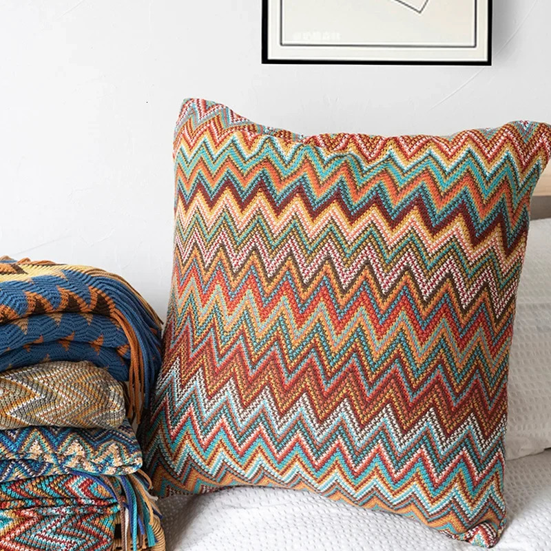 Knitted Cushion Cover Soft Boho Orange Green Flocking Pillow Case 45cm*45cm for Home Decoration Living Room Bed Room 240807