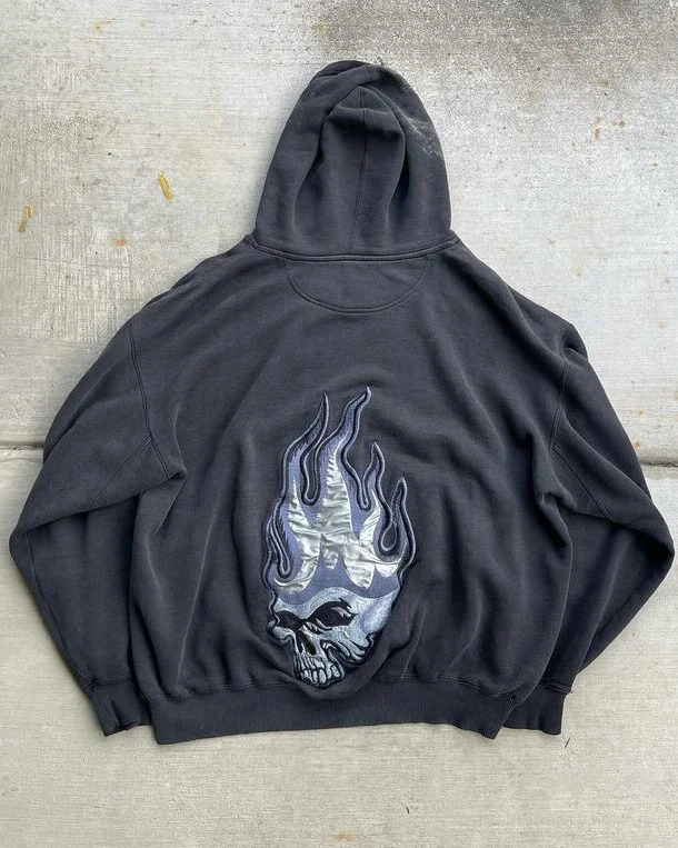 Y2K Mens Retro HipHop Skull Print Oversized Loose Jeans Hooded Sweater TwoPiece Trousers Sweatshirt Sportswear 240809