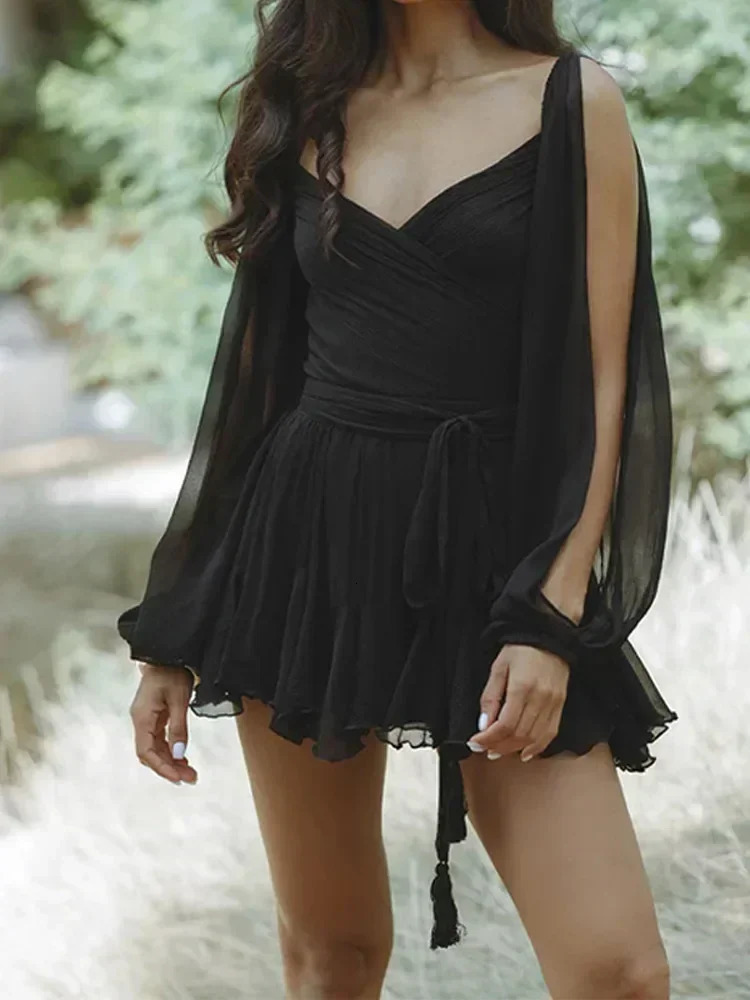 Sexy Elegant Women Pleated Short Beach Dress Fashion V Neck Split Long Sleeve A Line Mini Dresses Summer Party Dresses 240808 - view 5