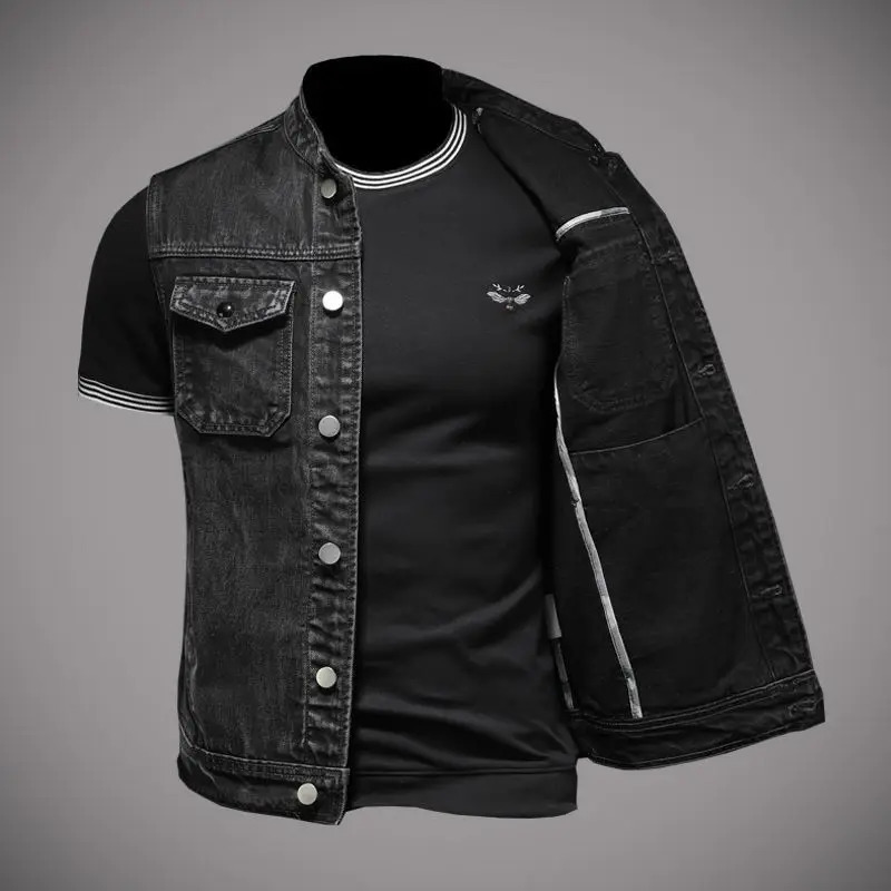 2024 mens denim jacket motorcycle vest retro fashion riding clothes casual versatile clothing y240822