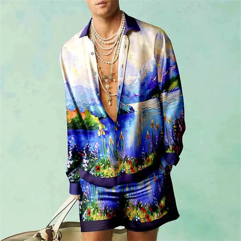 Mens Minimalist Printed Two piece Long Sleeve Summer Beach Style Shirt Set Mens Fashion Shorts and Quick Drying Shirt240807