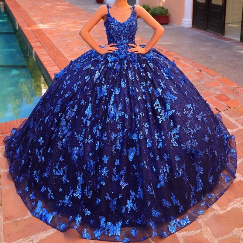 Navy Blue Shiny Quinceanera Dresses Ball Gown Spaghetti Straps Appliques Bow Beaded Tull Mexican Sweet 16 Vestidos 15 De Xv Anos