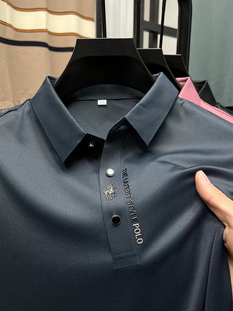 High end summer business solid color highquality mens short sleeved polo shirt with stylish casual collar and macro print M4XL 240829