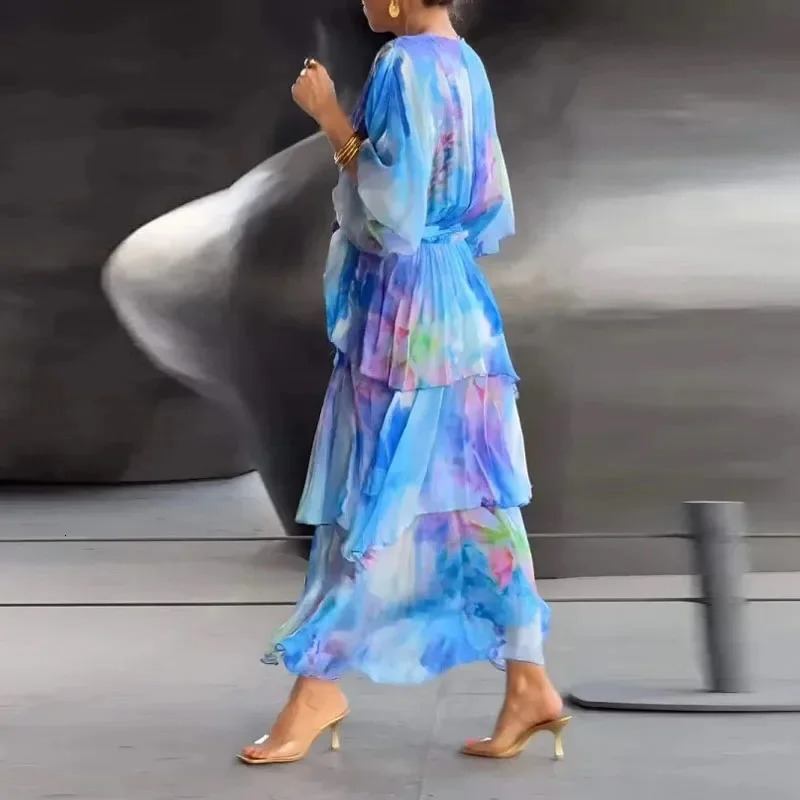 Spring Floral Print Tierred Chiffon Dress for Woman Elegant V-neck Lace Up Long Dress Summer Butterfly Sleeve Boho Maxi Dresses 240808
