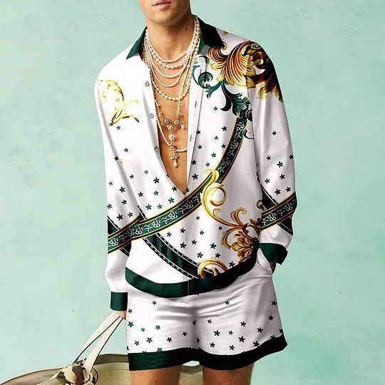 Pattern shirt set 3D printed mens casual fashion long sleeved shirt oversized beach shorts summer streetwear set240807