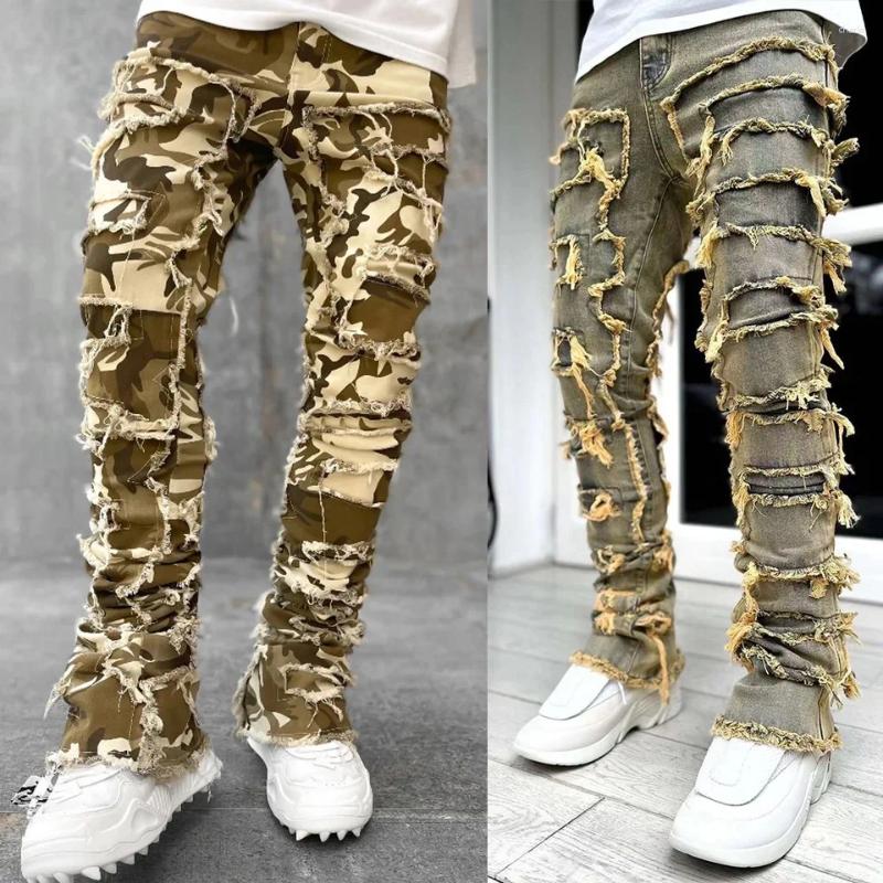 Men's Jeans Regualr Fit Stacked Pants Men Stretch Ripped Washed Distressed Destroyed Straight Denim Hip Hop For