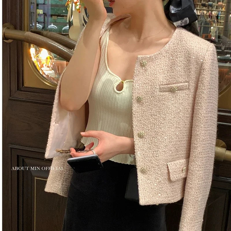 Small perfume runway autumn and winter French tweed wool sweet pink jacket womens high-end womens suit240807