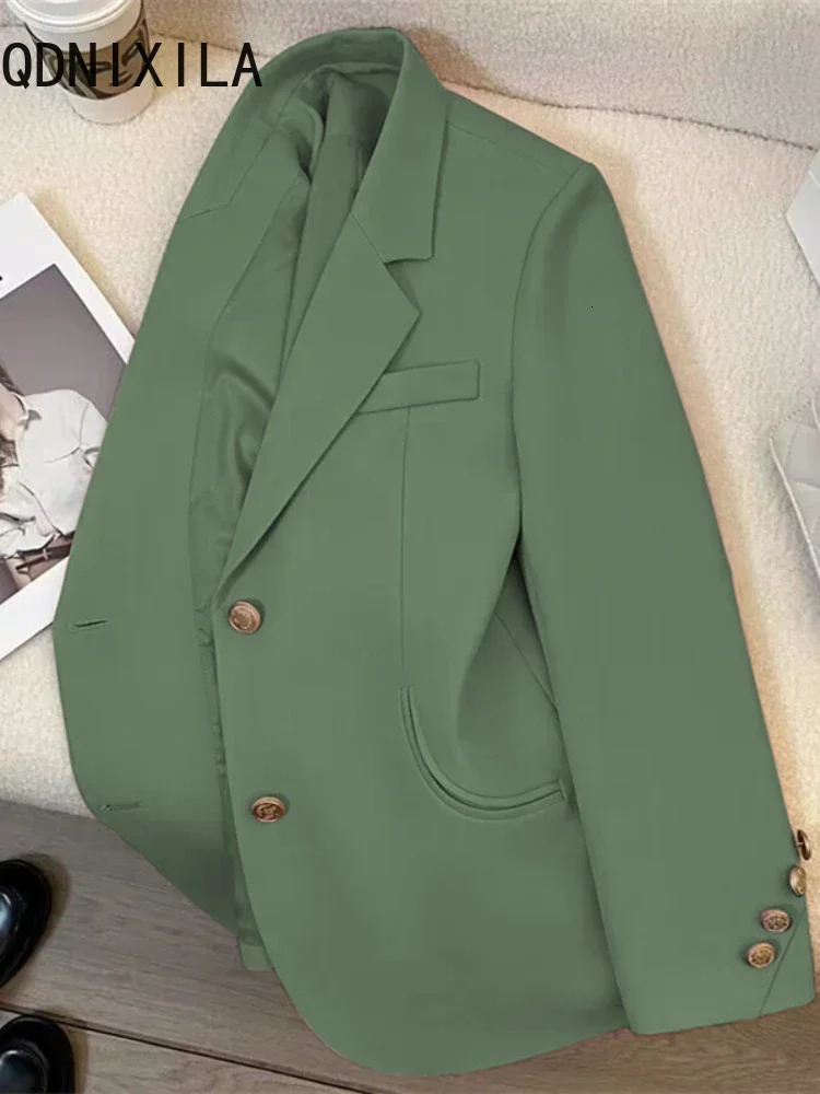 Green Blazer Woman Spring Autumn Vintage Long Sleeve Pockets Female Outerwear Fashion Single Breasted Office Wear Blazer Coat 240808