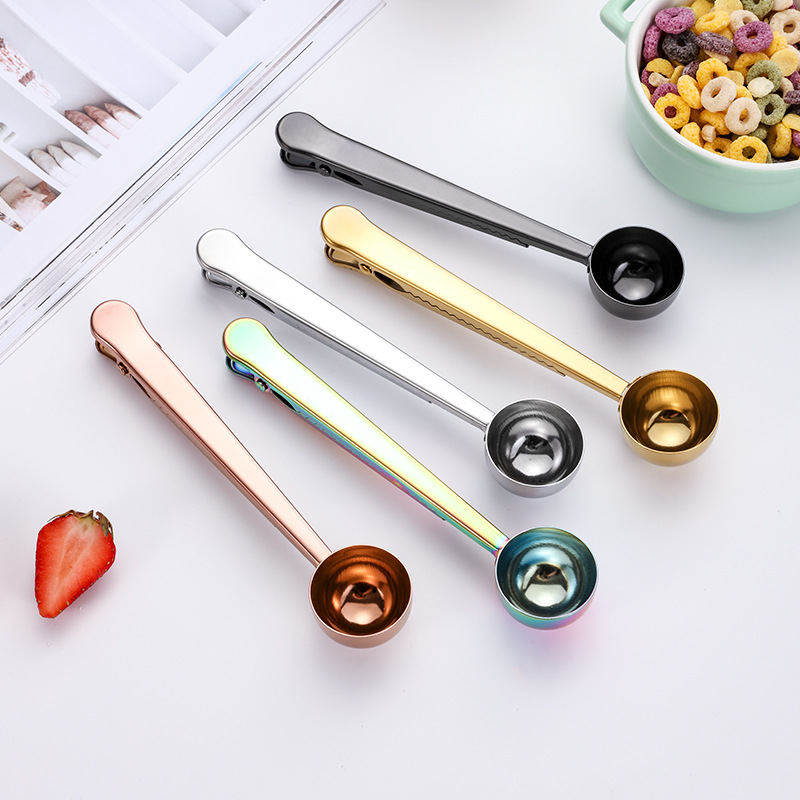 Stainless Steel Coffee Spoon Scoop Multi function Bag Sealing Clip Milk Powder Liquid Seasoning Measuring Long Handle Coffeeware Durable Keep Fresh FY