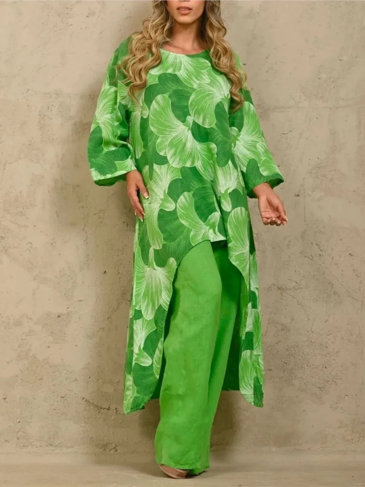 Casual Women Two Piece Sets Autumn Fashion O-neck Floral Print Long Tops Solid Wide Leg Pants Set Loose Trousers Suit 240813