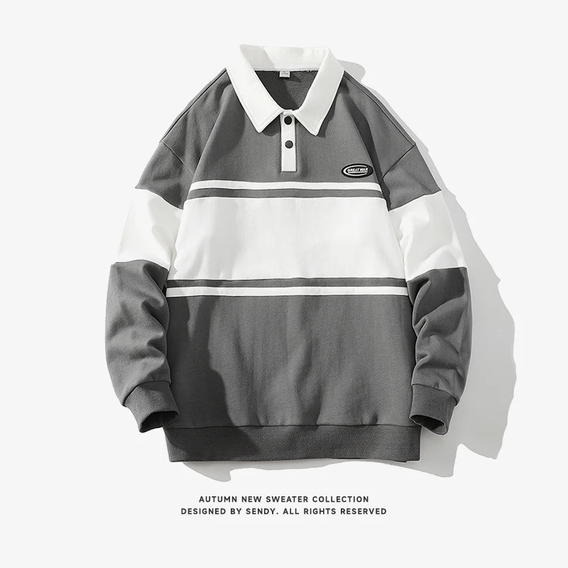 Fashionable polo shirt mens autumn spring long sleeved Harajuku Korean striped top Tshirt casual 240829